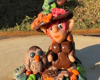 Autumn Gnome Girl with her Owl figurine