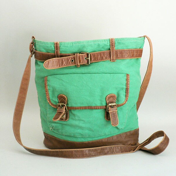 Womens Vintage Green Canvas Shoulder Bag Rucksack