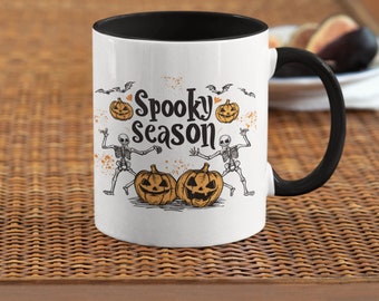 Spooky season cute dancing skeletons pumpkins and bats coffee mug halloween mug jack-o-lantern gift coffee mug pumpkin spice mug