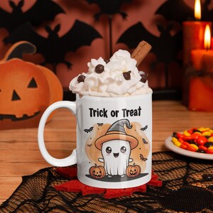 Trick or Treat Ghost Coffee Mug: Halloween Ceramic Cup (11 oz)