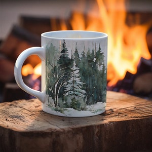 Winter Pine Tree Mug, Watercolor Forest Nature Inspired Gift, Outdoor Lovers Camping Cup, Cabin Core Snowy Forest, 11 oz Ceramic Coffee Mug