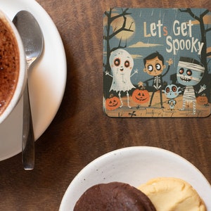 Let's Get Spooky Coasters, Cute Halloween Decor, October Party Gift Idea, Creepy Spooky Halloween Lovers, 4 piece Corkwood Coaster Set