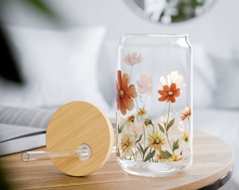 Boho Wildflower Sipper Glass with Bamboo Lid & Straw