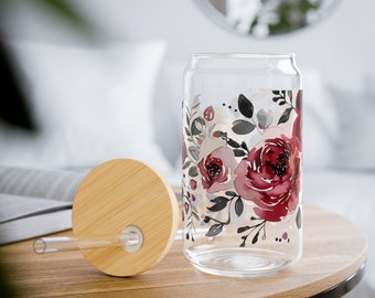 Floral Watercolor Sipper Glass with Bamboo Lid & Straw