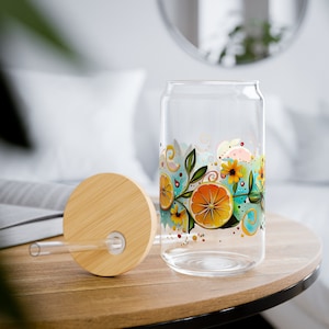 Artistic Citrus and Berries Spring Summery, Sipper Glass with Bamboo Lid and Straw, Fruit Gift Idea, For Iced tea, Lemonade, and Iced Coffee