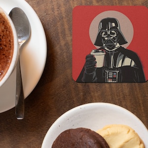 Darth Vader Drinking Coffee, Star Wars Humorous Gift, Corkwood Coaster Set