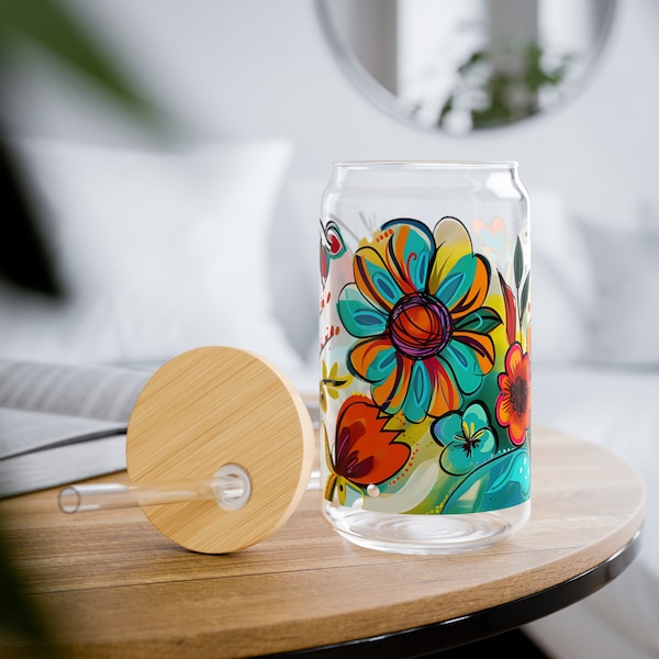 Retro 60's vintage style Flower Power wrap around iced coffee iced tea summertime  gift sipper Glass, 16oz