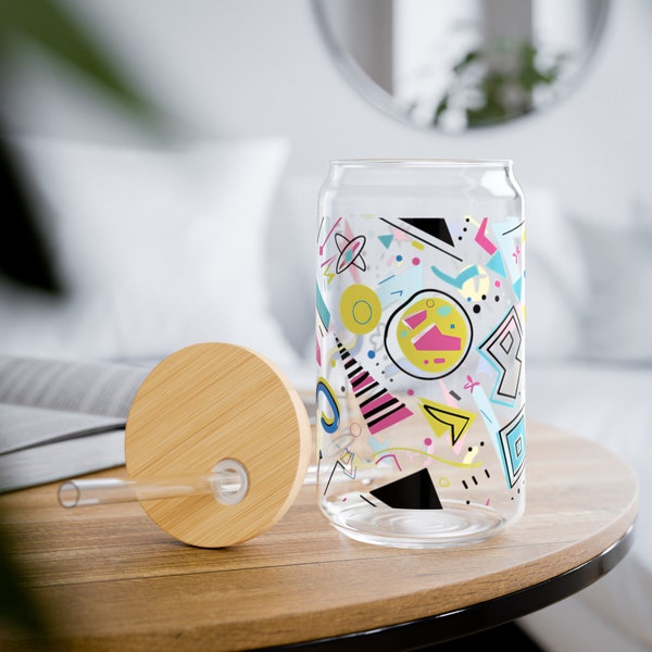 90's retro Memphis style pattern, Sipper Glass with Bamboo Lid and Straw, BPA Free, 90's Nostalgic, For Iced tea, Lemonade, and Iced Coffee