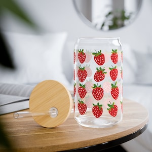 Cute Strawberries Summery Gift, Sipper Glass with Bamboo Lid and Straw, Nature Lovers gift idea, For Iced tea, Lemonade, and Iced Coffee