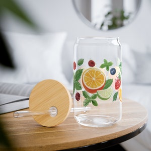 Citrus and Berries Spring Summery, Sipper Glass with Bamboo Lid and Straw, Fruit Gift Idea, For Iced tea, Lemonade, and Iced Coffee