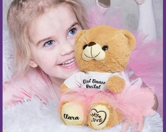 Kundenspezifischer Teddybär mit der Option, das Hemd zu personalisieren und ein Tutu hinzuzufügen. Ballerina Bär Andenken Geschenk