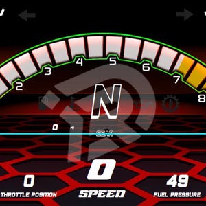 May include: Digital dashboard display with a red and black color scheme. The display shows readings for fuel, coolant, oil, speed, and other engine metrics. The speedometer reads zero. The display has a futuristic design.