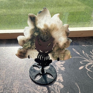 Moss Agate Nine Tail fox on metal stand. Detatchable tail. Stunning back-lit and altar decor.