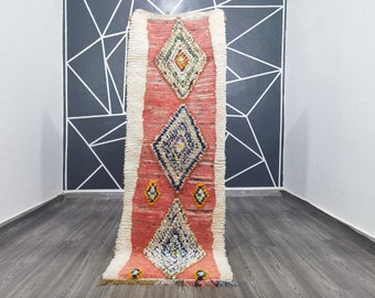 Magnifique tapis berbère coloré - Authentique tapis rose marocain - Tapis berbère - Authentique tapis Boujaad - 2,3 x 6,4 pi