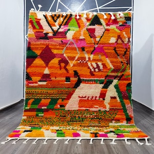 Gorgeous Boujaad Orange rug - Moroccan Rug Hand Knotted - Tribal berber Rug - Abstract Multicolored Carpet - Gaming Room Area Rug