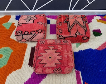 Handmade Wool Kilim Pouf – Vintage Moroccan Ottoman, Floor Cushion (60cm x 60cm)