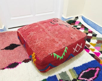 Moroccan Kilim Pouf, Outdoor Red Kilim Pouf.