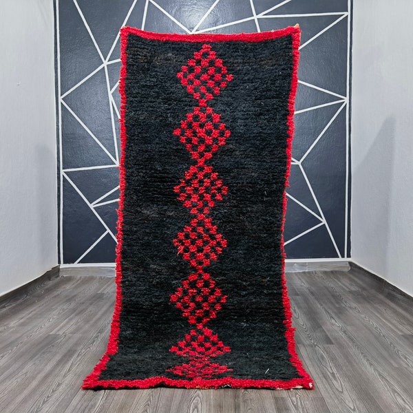 Gorgeous Moroccan Runner Rug - Authentic Moroccan  Black Rug - boujaad runner rug - Beni ourain Rug Runner - Shaggy Wool Rug