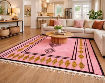 Moroccan Beni Ourain Rug: Pink Berber Shaggy Wool Carpet