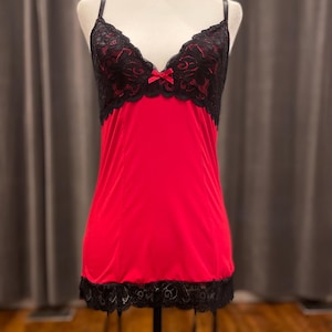 Satin babydoll / stretch satin and lace garter babydoll / red chemise