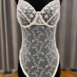 Rare Vintage bodysuit / sheer white thong back bodysuit teddy lingerie