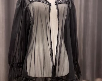 Vintage zwarte peignoir-gewaad: doorschijnend chiffon lingerie half schouderophalend bedjasje