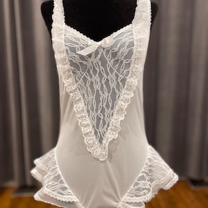 Rare Vintage Teddy / nylon and lace white Teddy lingerie bodysuit