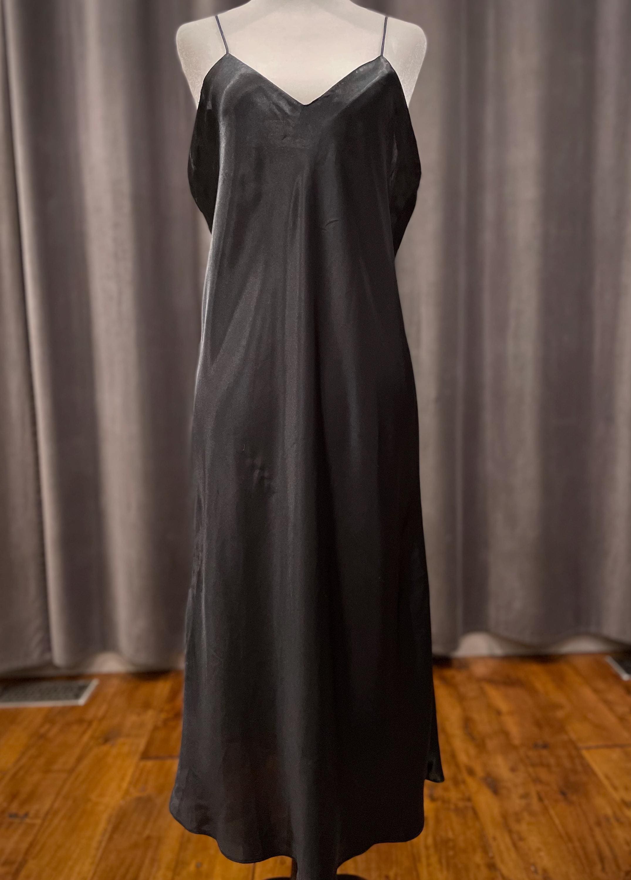 Vintage Full Length Black Satin Nightgown Slip Dress: 1990's Linda