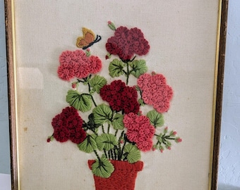 Crewel Needlepoint Geraniums Floral 1971 Studio 12 Red And Pink Butterfly Frame