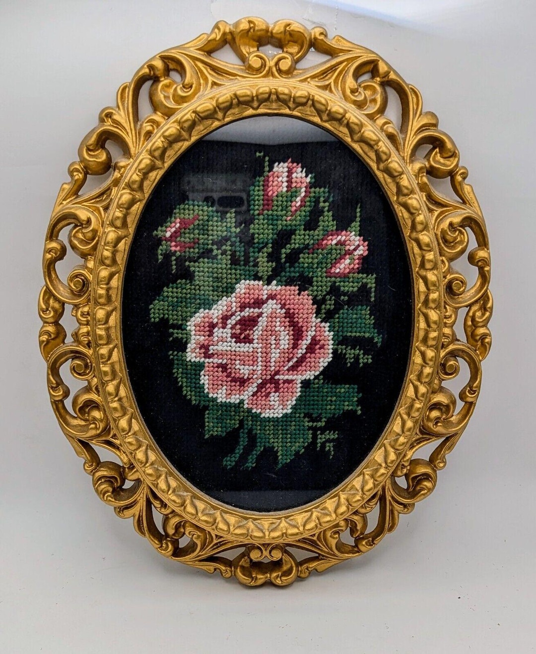 Vintage Gold Ornate Oval Frame With Rose Floral Needlepoint Petit Point ...