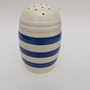 May include: A ceramic salt shaker with a white base and blue horizontal stripes. The top has several small holes for dispensing salt. The shaker is cylindrical and has a classic, simple design.