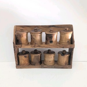 Olive Wood Spice Rack 8 Jars Pots Handmade 13.25 In 2 Tier Small Parts Storage