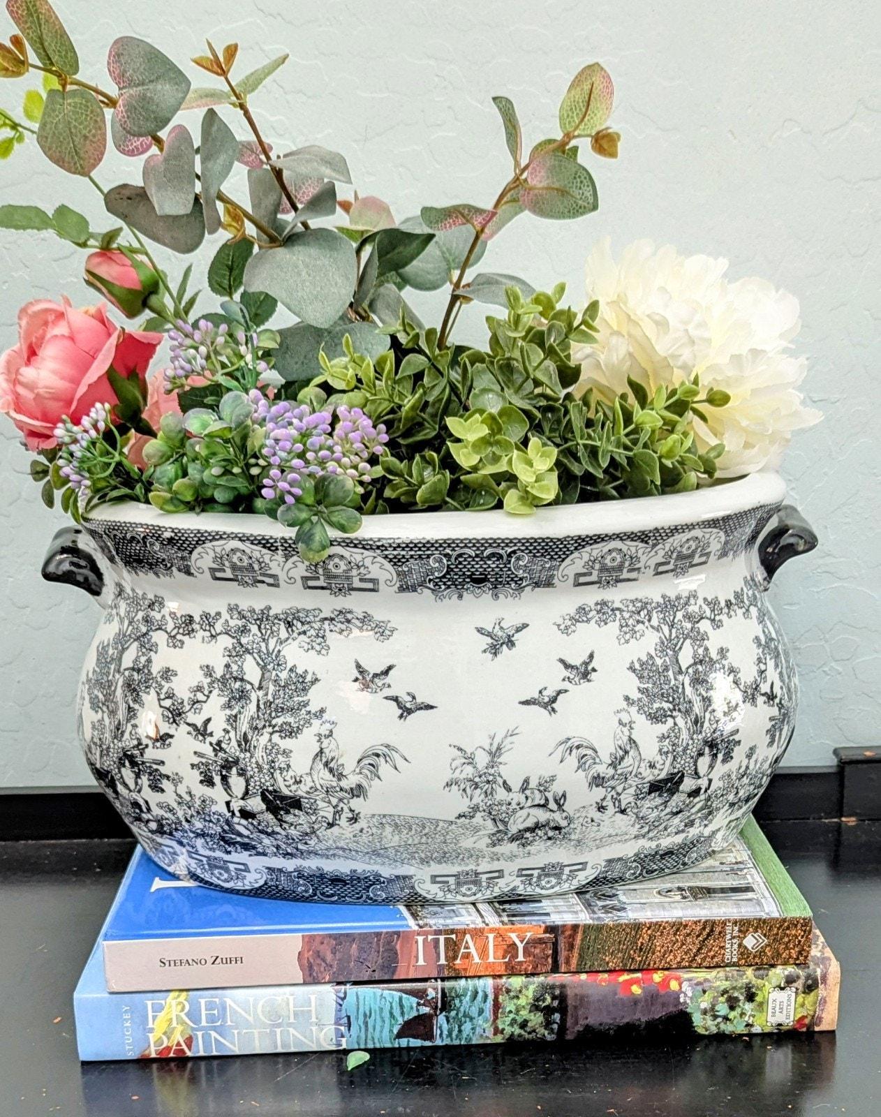 Large Chinoiserie Jardiniere Planter Or Foot Bath Black And White Toile Vintage