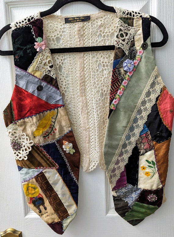Handmade vest vintage fabrics crochet upcycled pat