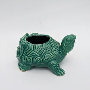 Puede incluir: Una maceta de cerámica con forma de tortuga en color verde oscuro y acabado brillante. El caparazón presenta un patrón geométrico hexagonal en relieve, mientras que la cabeza está extendida hacia adelante y las cuatro patas sostienen la estructura.