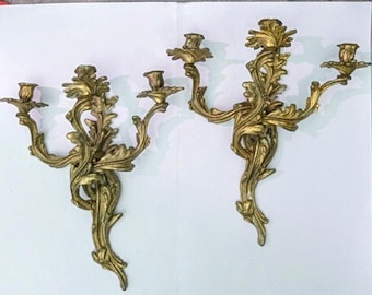 Pair Brass Rococo Louis XV Style Wall Sconce Candle 3 Arm - 15 X 14 X 6