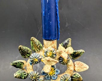 Mexican Antique Tree Of Life 7" Candelabra Flowers Doves Terra Cotta Blue Green