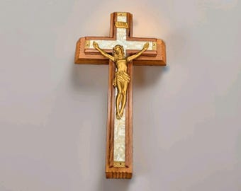 Wooden Crucifix Last Rites Sick Call Catholic Cross Mother Of Pearl Brass