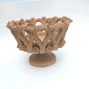 Compota de pedestal de terracota hecha a mano, arte popular mexicano, tejido abierto floral vintage