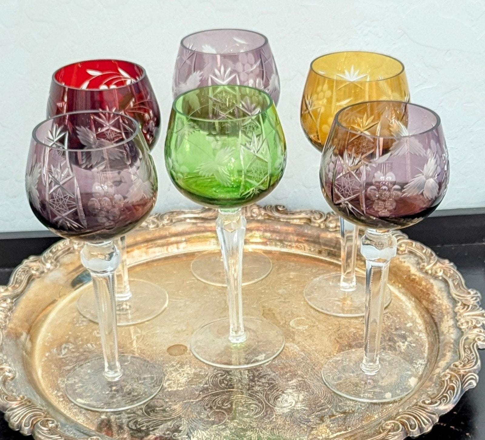 Czech Bohemian Cut to Clear Crystal 6 Wine Goblets Glasses