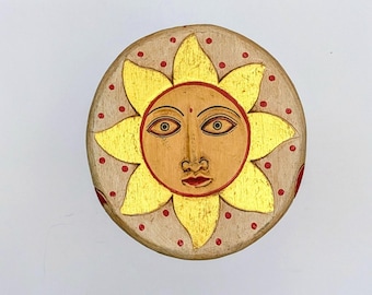 Milking Stool Celestial Folk Art Wooden Three Legged Sun Plant Stand Foot Rest