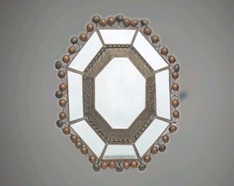 1960s Mexican Punched Tin Octagonal Wall Mirror Copper Ball Frame Mid Century
