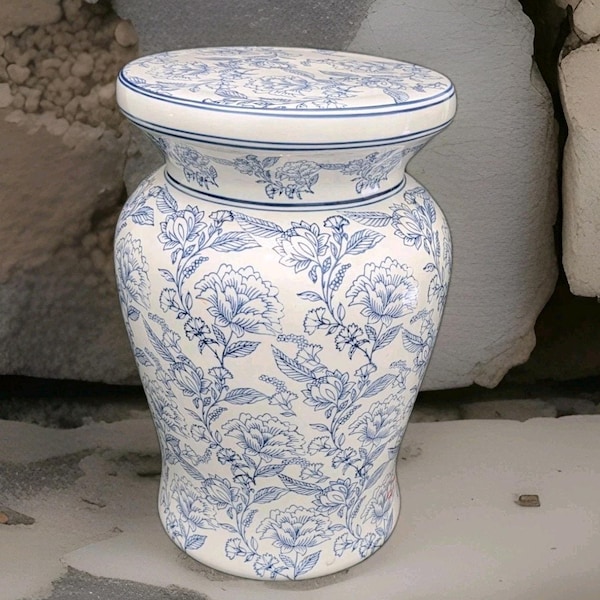 Blue & White Ceramic Garden Stool Chinoiserie Peonies Floral 17.5 In