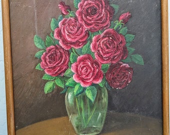 Vintage roses on board oil painting signed