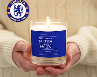 Chelsea London FC glass jar soy wax candle, creative gift deco for football supporters and Blues soccer fans, smells like a win decoration