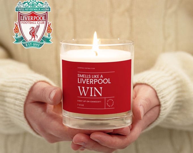 Featured listing image: Liverpool FC glass jar soy wax candle, creative gift decoration for football supporters and Reds soccer fans, smells like a win deco candle