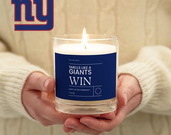 New York Giants glass jar soy wax candle, creative gift deco for NFL american football supporters and NY fans, smells like a win decoration