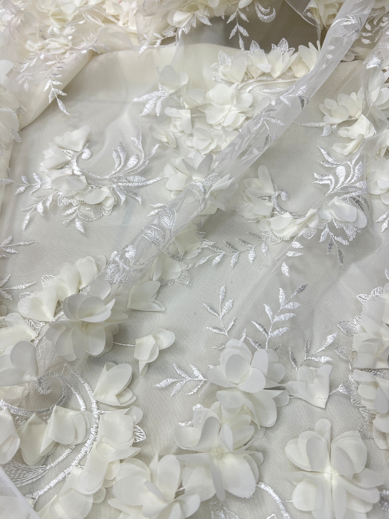3D Embroidered Stretch Netting Lace - Off-White Floral