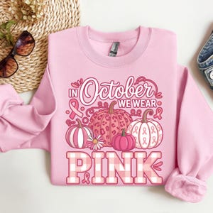 Könnte beinhalten: Hellrosa Sweatshirt mit dem Text "In October We Wear Pink" und Bildern von Kürbissen und rosa Schleifen. Die Kürbisse haben verschiedene Designs, darunter Streifen, Leopardenmuster und Schleifen. Das Wort "PINK" ist in einem rosa-weiß karierten Muster.