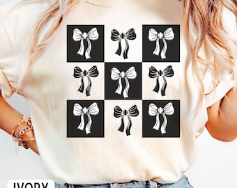 Comfort Colors Checkered Bow T-Shirt: Black Coquette Top